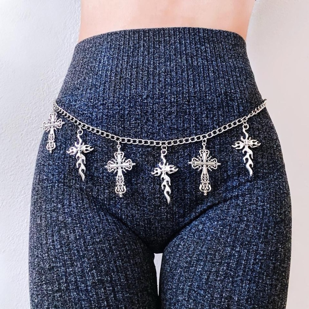 SILVER Cross Fire Flame Shaped Halloween Gothic Punk Metal Body Chain Belt
